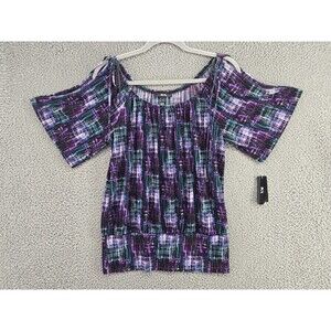 BCX Shirt Womens Large Y2K Purple Blue Black Blouse Tie Sleeve Vintage Deadstock